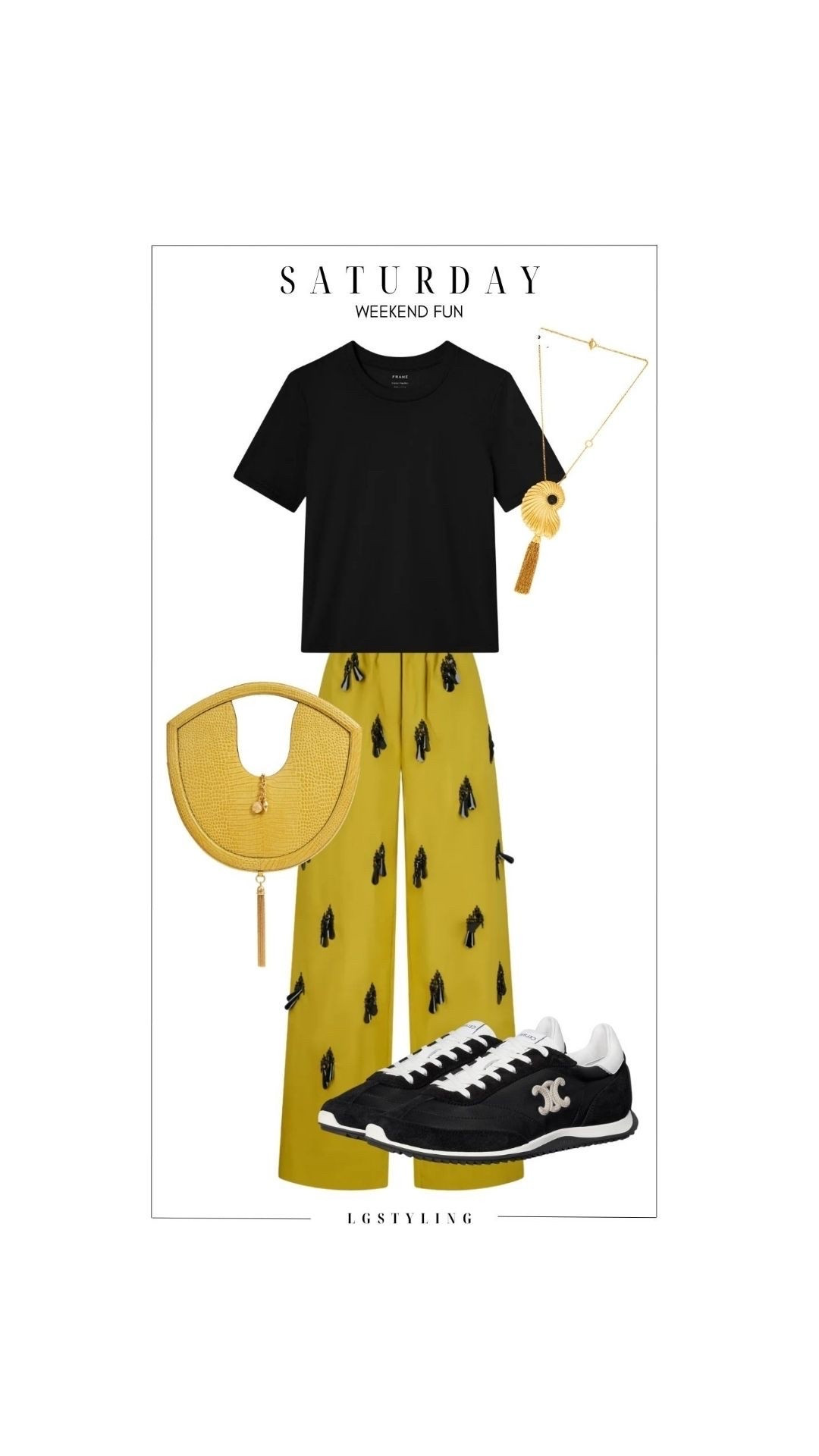 Saturday — Weekend Fun

Weekend color without sacrificing ease. A simple black tee lets these statement chartreuse trousers take center stage, while retro sneakers and sculptural gold accessories keep the look playful and cool. #WeekendStyle #StatementPants #CasualStyle #WeekendOutfit