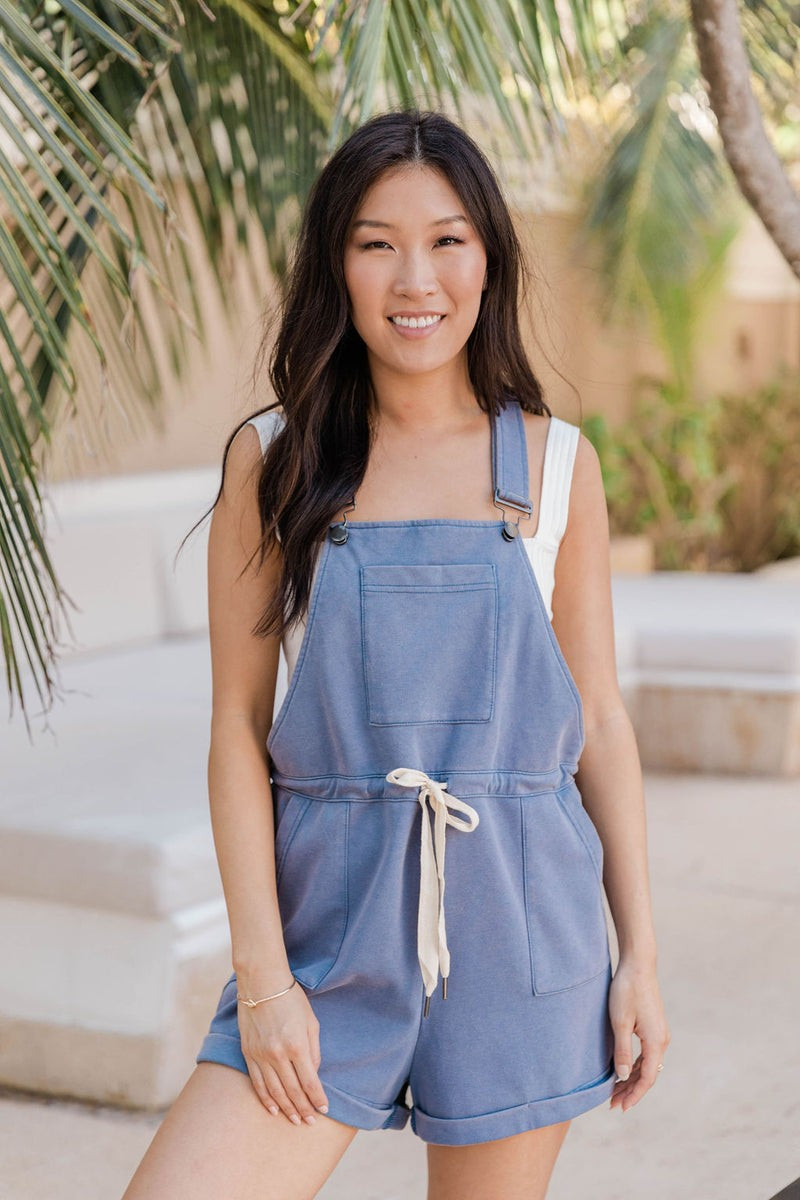 Stroll Through Town Navy Drawstring Short Overalls | Pink Lily