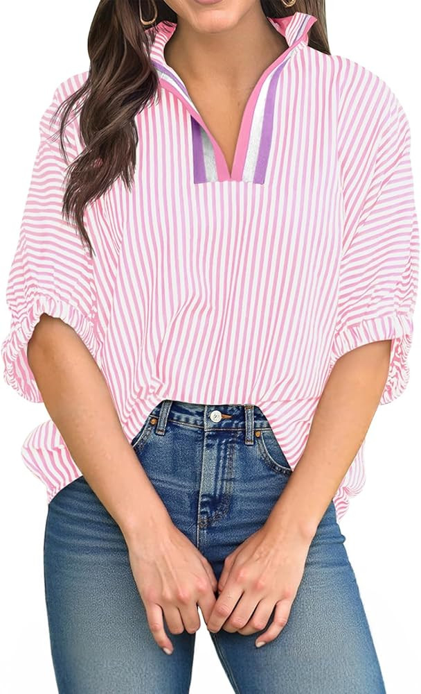 Tankaneo Womens V Neck Striped Blouse Oversized Dolman Sleeve Tops Summer Casual Loose Fit Polo S... | Amazon (US)