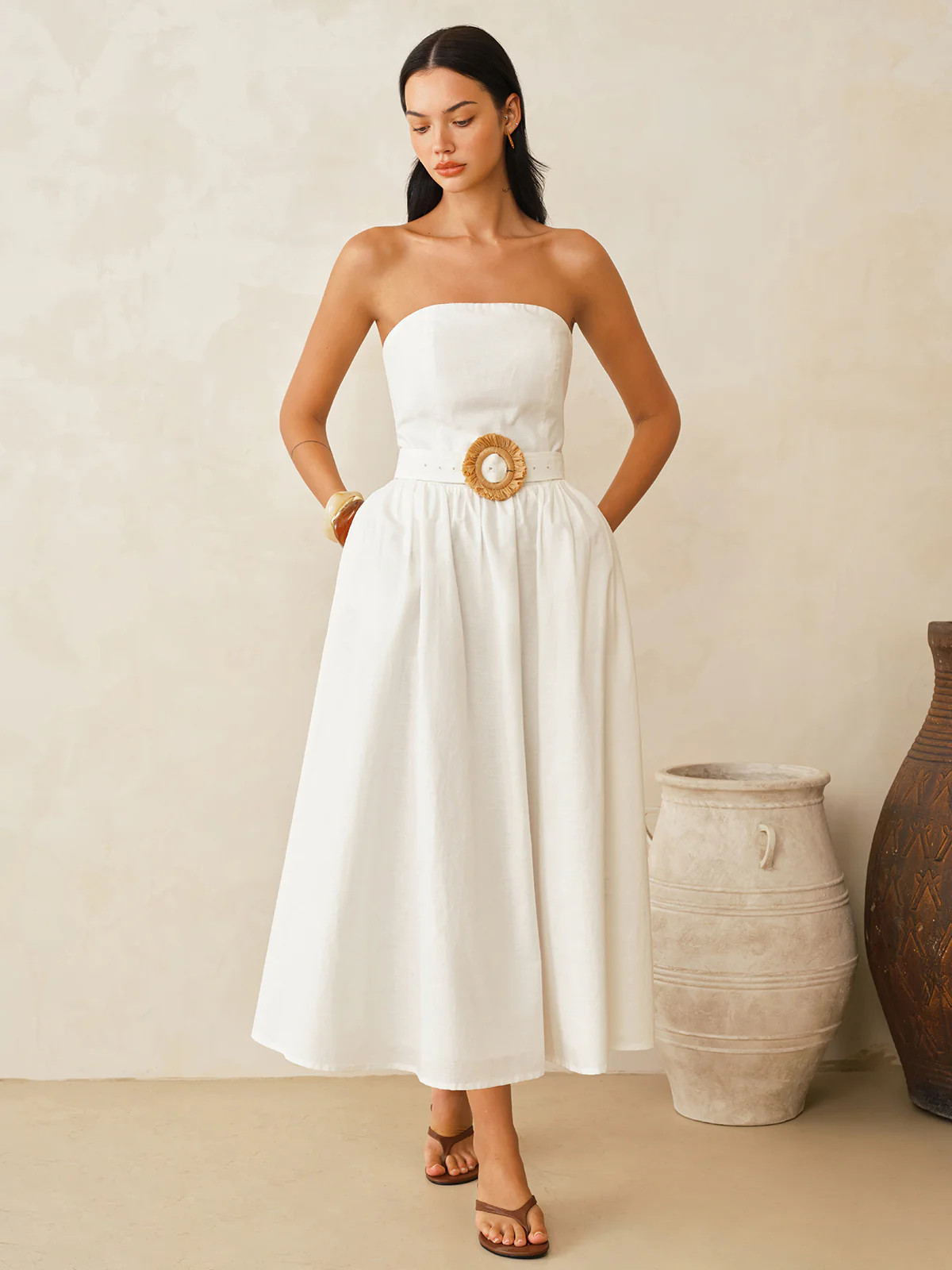 Strapless Cotton Linen Belted Maxi Dress | Commense