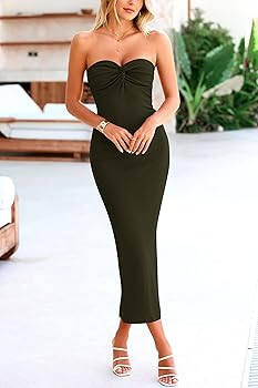 PRETTYGARDEN Women's 2026 Summer Bodycon Maxi Dress Strapless Tube Twist Knot Front Ribbed Knit S... | Amazon (US)