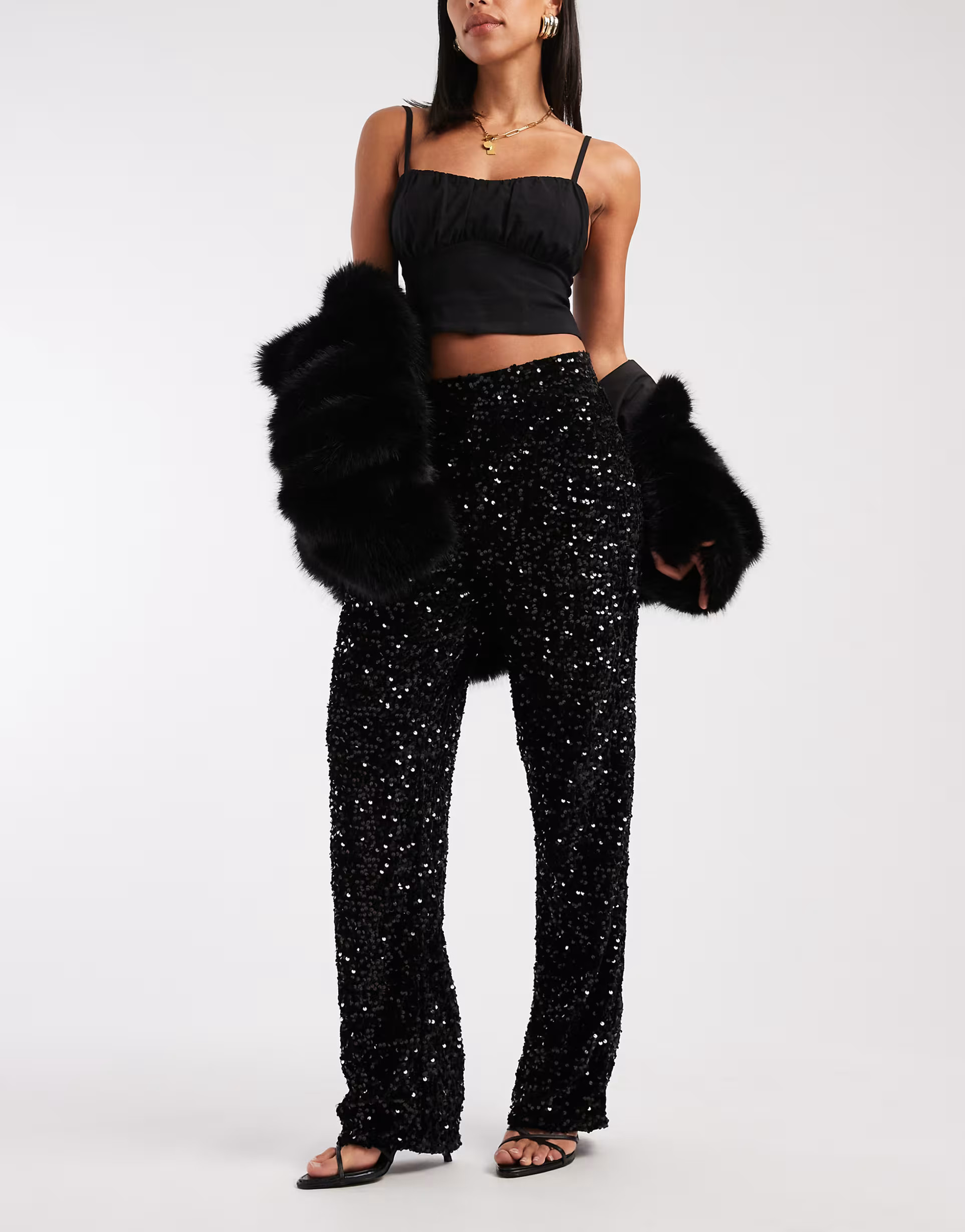 Pieces wide leg velour sequin trousers in black | ASOS (Global)