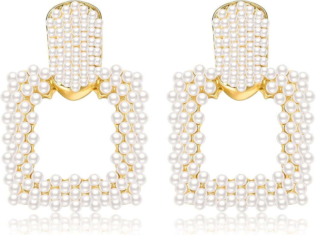 Pearl Drop Earrings for Women, Boho Faux Pearl Earrings Gold Dangle Stud Earrings Geometric Earri... | Amazon (US)