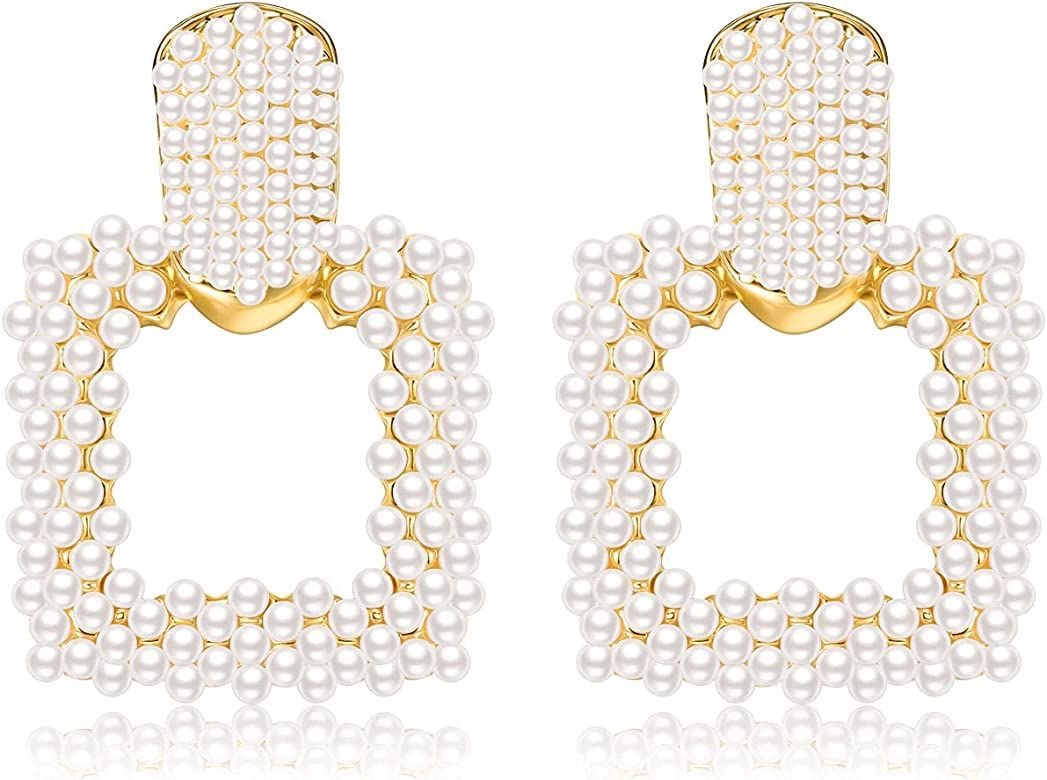 Pearl Drop Earrings for Women, Boho Faux Pearl Earrings Gold Dangle Stud Earrings Geometric Earri... | Amazon (US)