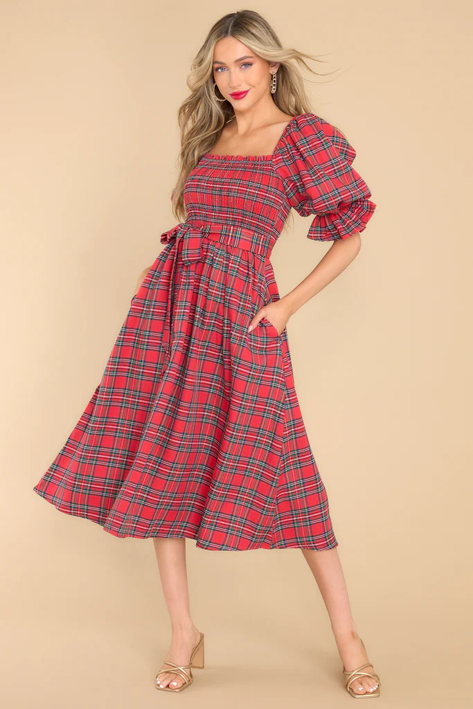 Wishful Wonderland Red Plaid Midi Dress | Red Dress 