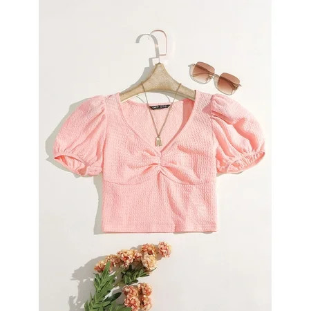 2022 Summer Boho Baby Pink Women s Puff Sleeve Ruched Bust Crop Top L2201107D S(4) | Walmart (US)