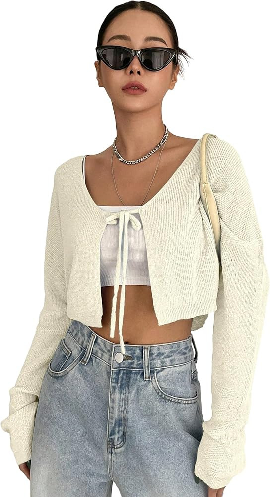 Floerns Women's Solid Self Tie Front Long Sleeve Drop Shoulder Cardigan Crop Top | Amazon (US)