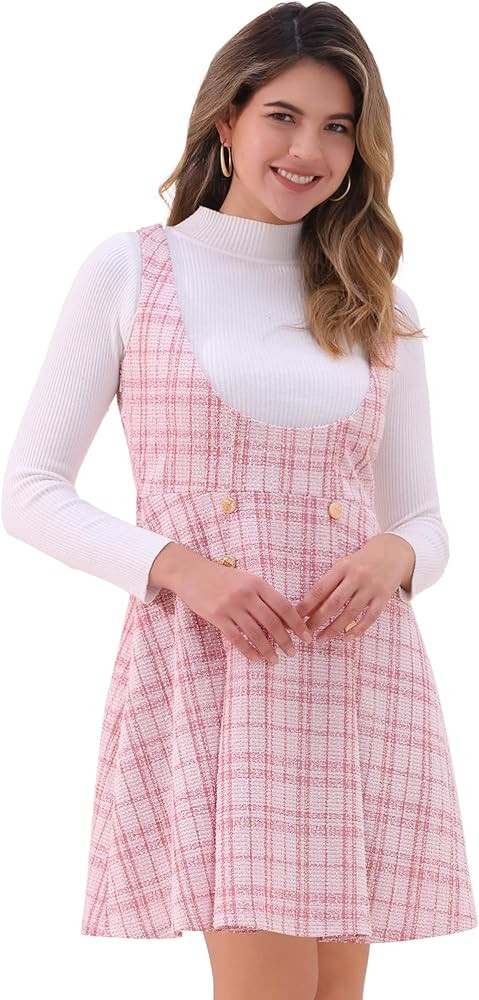 Allegra K Pinafore Overall Dress for Women's U Neck Tweed Plaid Dress | Amazon (US)