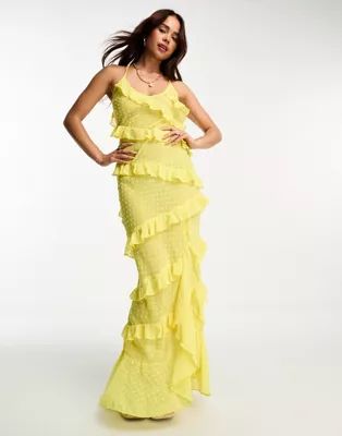 Miss Selfridge beach doby chiffon bias ruffle side split maxi dress in yellow | ASOS (Global)