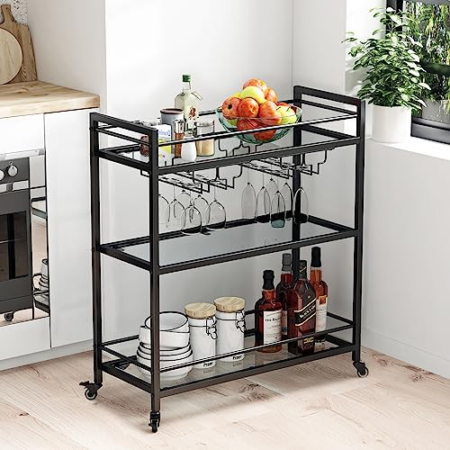 LORMITER Glass Black Bar Carts for Home with Hanging Wine Rack - Home Bar Serving Cart with 3 Mirrored Shelves, Kitchen Bar Carts, Wine Cart for Entertaining, Club Party. | Amazon (US)