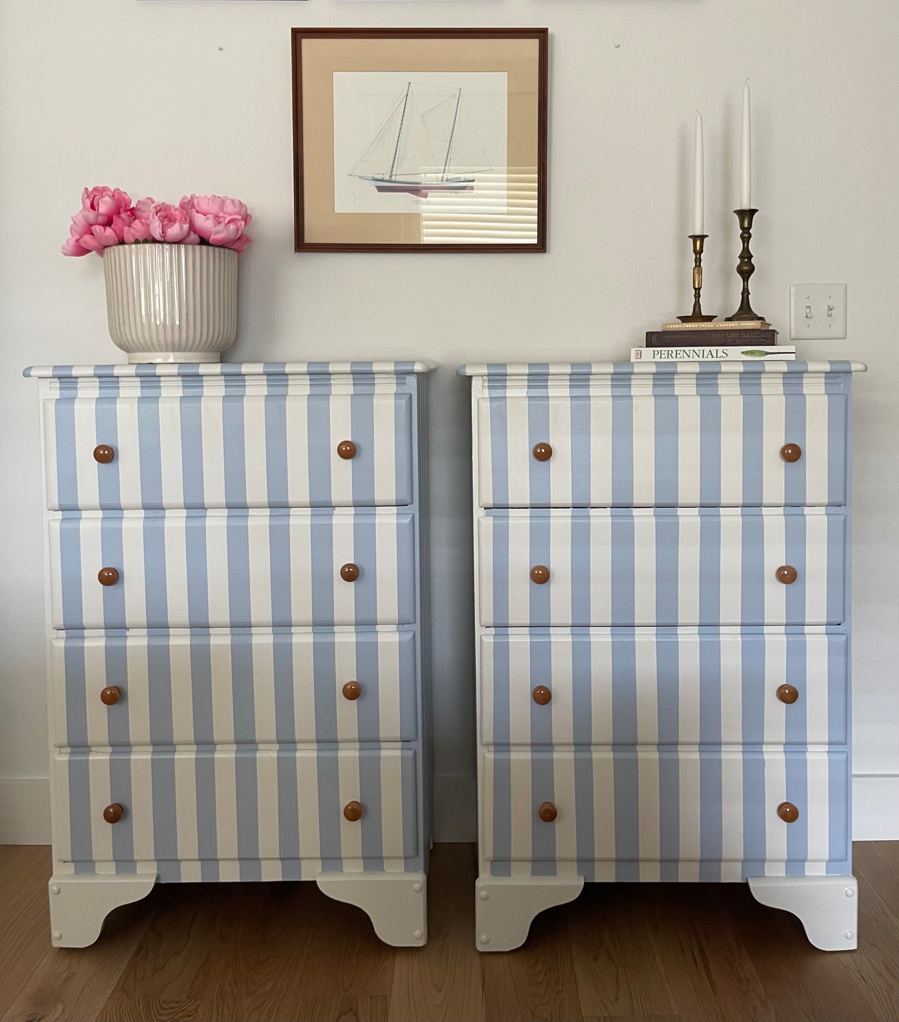 Refinished dressers 🤍🩵 I am obsessed with the way that they turned out. I have 🔗 all of the products I used. 

Striped dressers | Furniture flip | furniture makeover 

#LTKFindsUnder100 #LTKHome #LTKU