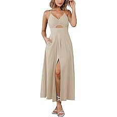 BTFBM Women 2026 Spaghetti Strap Midi Summer Dresses Sleeveless V Neck Cutout Slit Casual Beach P... | Amazon (US)