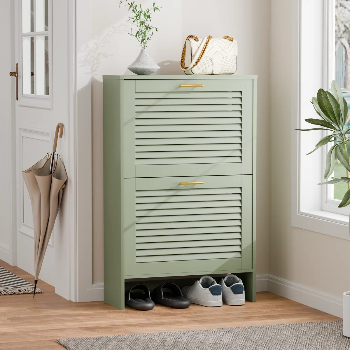 Shoe Storage Cabinet With 2 Flip Drawers, Freestanding Narrow Shoe Rack Organizer With Louvered D... | Wayfair North America