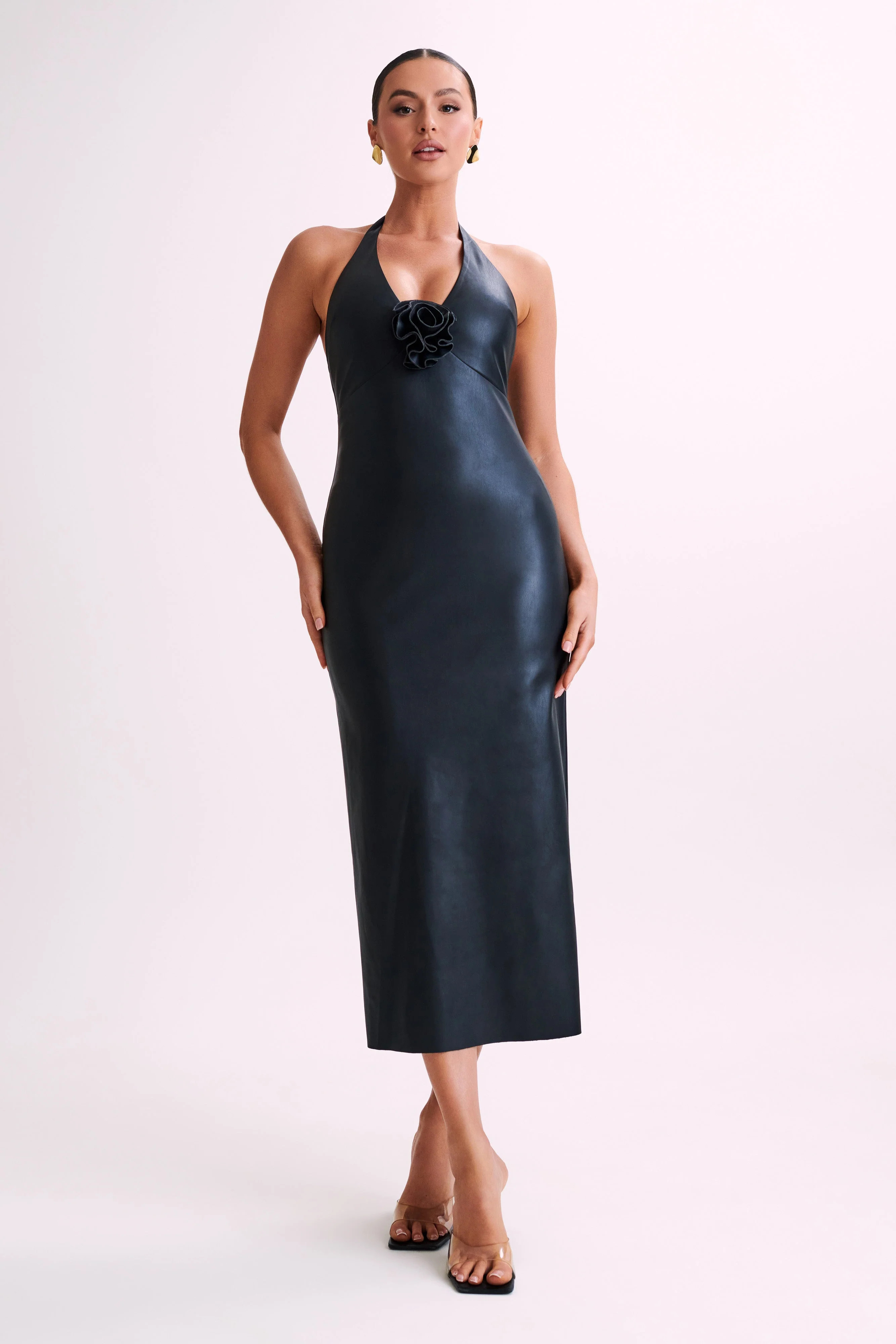 Dori Faux Leather Rose Midi Dress - Black | Meshki (APAC)