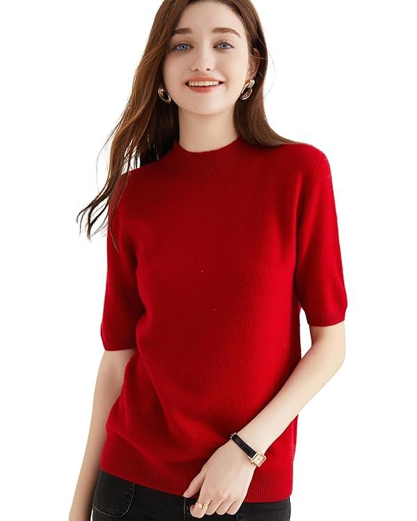 LINY XIN Women's 100% Merino Wool Half Sleeve Sweater Spring Fall Mock Neck Lightweight Soft Knit... | Amazon (US)
