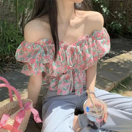 Malrowe - Short-Sleeve Off Shoulder Floral Print Peplum Blouse | YesStyle Global