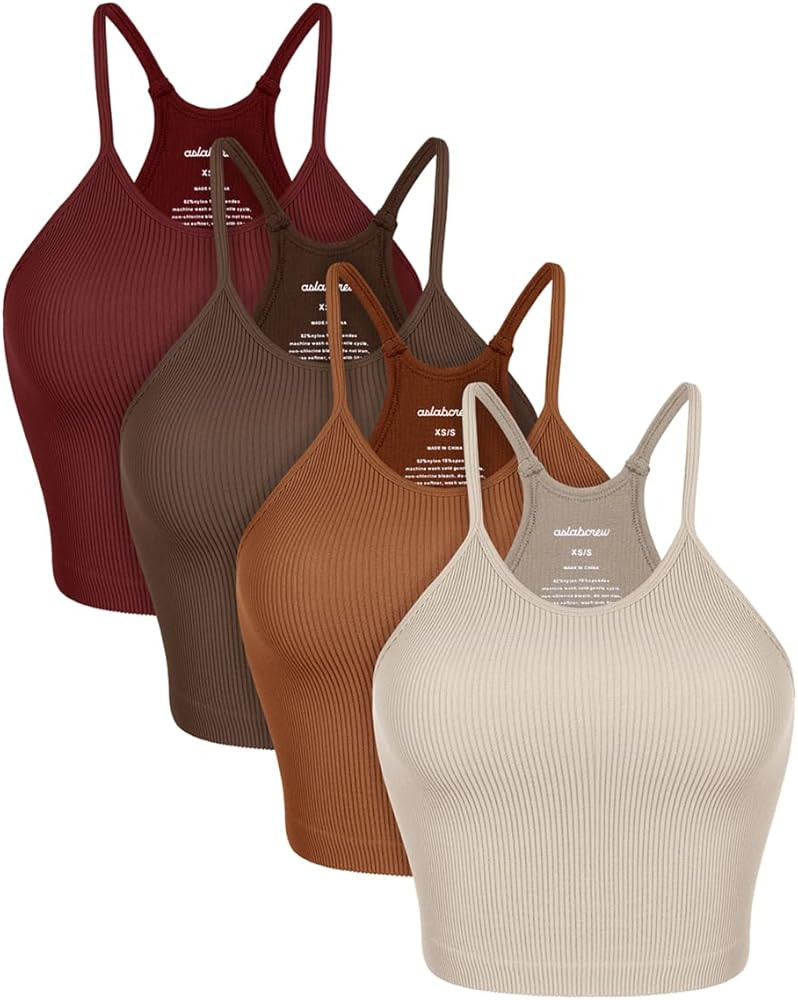 ASLABCREW Women's Crop 4 Piece Seamless Ribbed Camisole Strappy Cropped Tank Tops | Amazon (US)