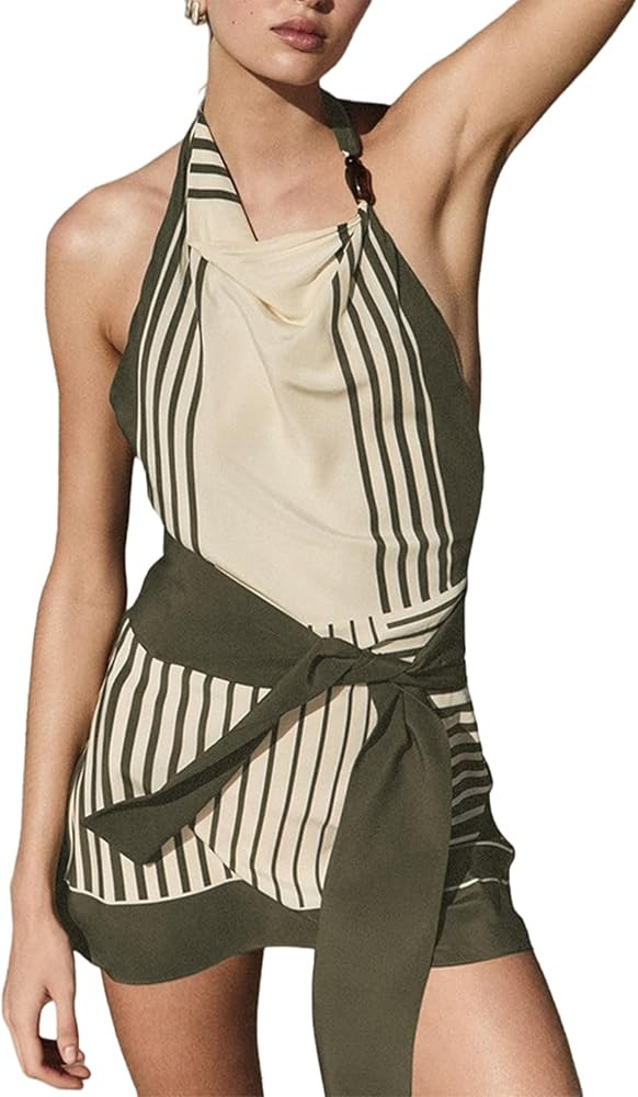 Huaqiao Women Striped Halter Mini Dress Backless Cowl Neck Belted Wrap Sexy Party Cocktail Short ... | Amazon (US)