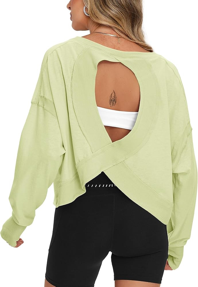Darong Women's Open Back Workout Top Oversized Athletic Shirt Long Sleeve Crop Top with Thumb Hol... | Amazon (US)