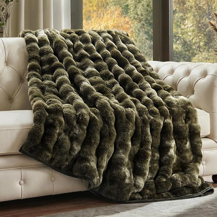 Faux Rabbit Fur Bubble Throw Blanket, 60"x80", Marble Olive | Amazon (US)