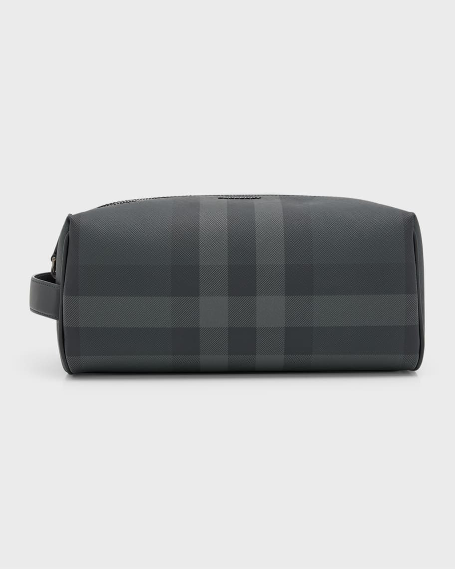Burberry Men's Charcoal Check Leather Travel Zip Pouch | Neiman Marcus
