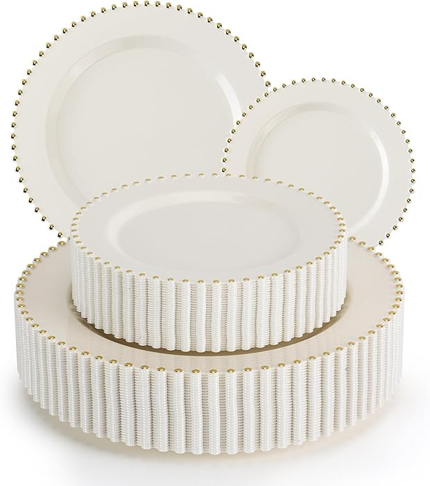 EI 60pcs Beige Plastic Plates with Gold Rim,Ivory Disposable Plates,Heavy Duty Fancy Plastic Plat... | Amazon (US)