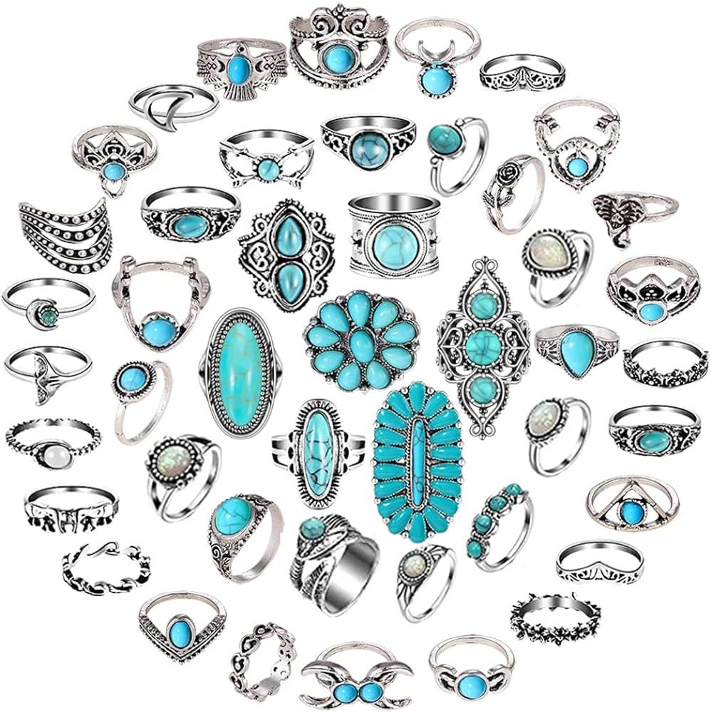 Mixcbe Vintage Silver Knuckle Rings Set for Women Western Turquoise Rings Bohemian Midi Ring Bulk... | Amazon (US)