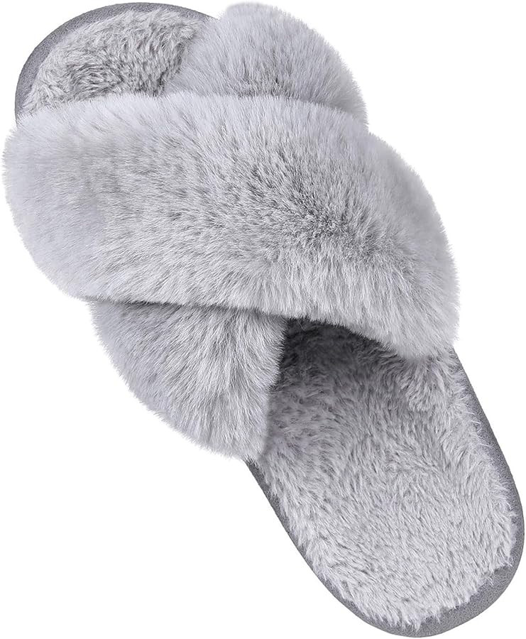 Comwarm Women's Cross Band Fuzzy Slippers Fluffy Open Toe House Slippers Cozy Plush Bedroom Shoes... | Amazon (US)
