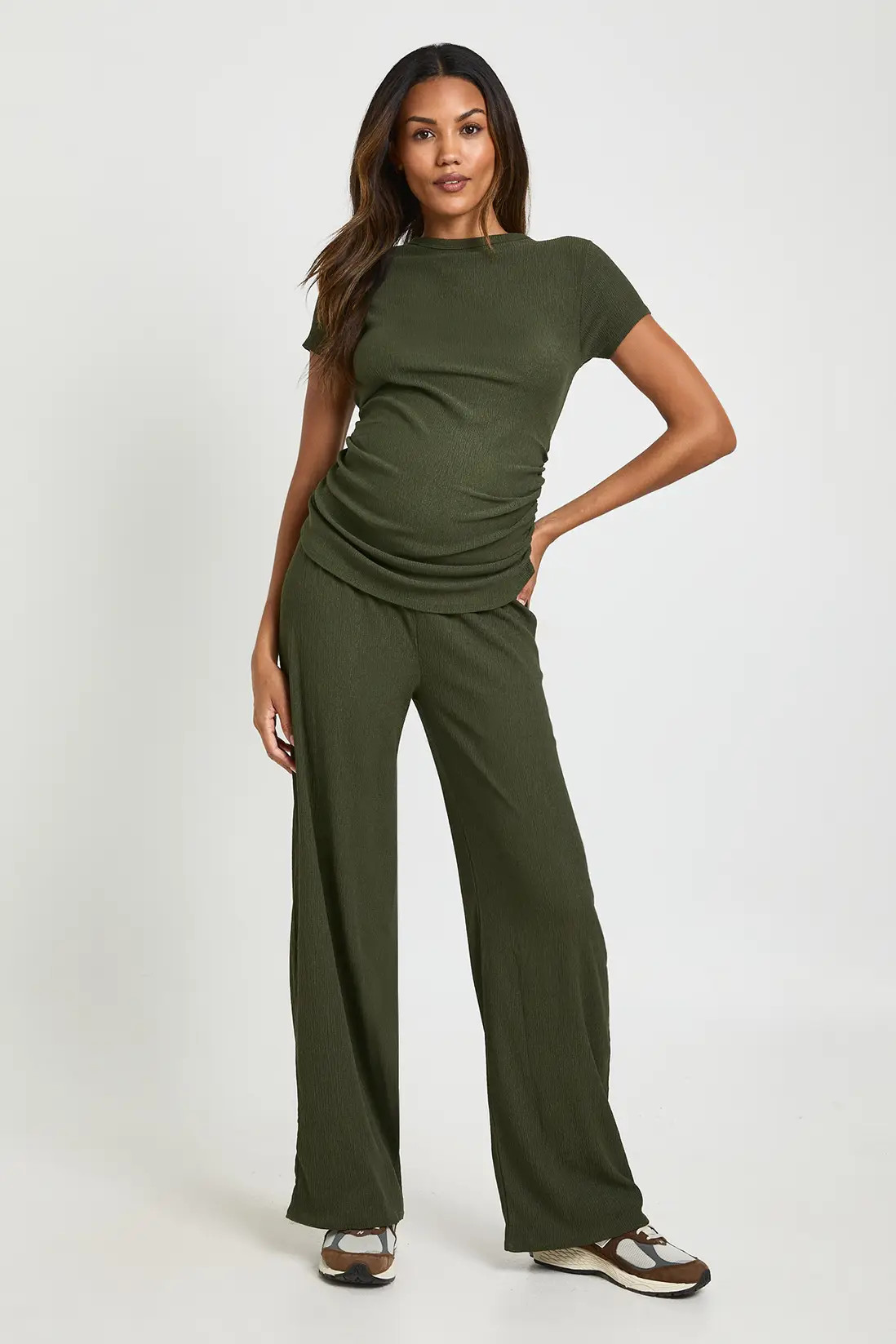 Khaki Maternity Ruched Side T-shirt And Wide Leg Co Ord | Boohoo | Boohoo.com (UK & IE)