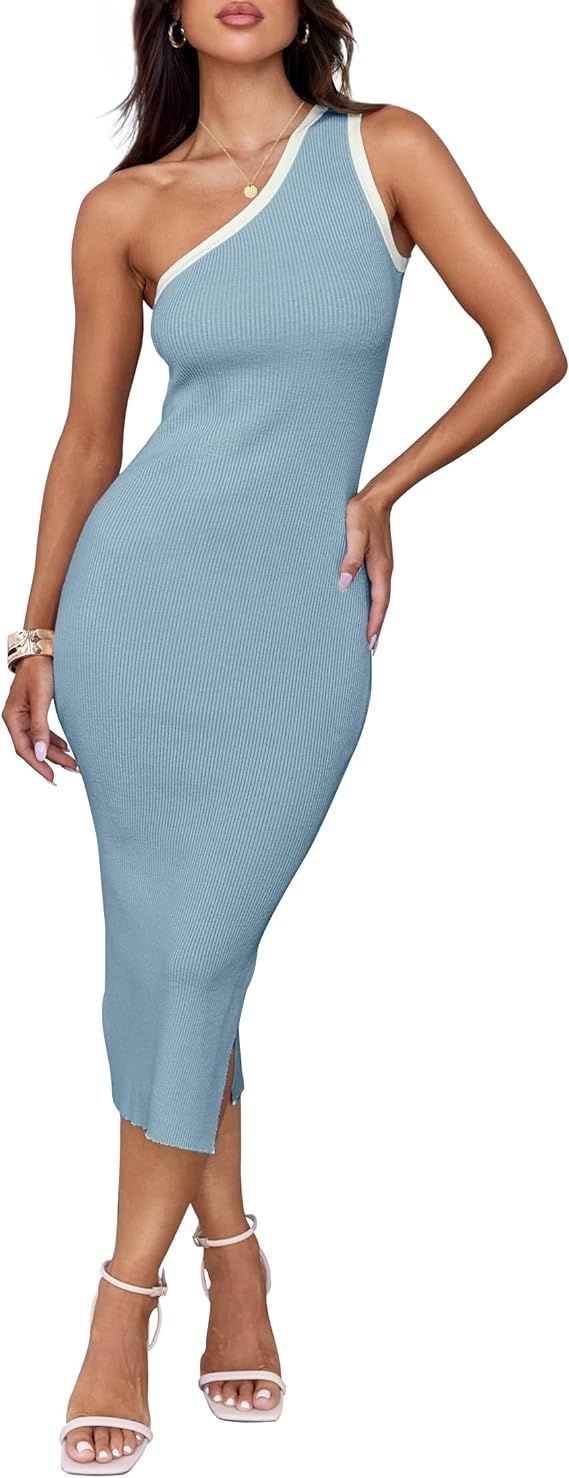 ZESICA Women's Summer One Shoulder Bodycon Midi Dresses 2024 Casual Sleeveless Ribbed Knit Side S... | Amazon (US)