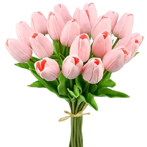 Mandy's Artificial Tulips 20 Stems Light Pink PU Faux Flowers for Valentine's Day and Easter Decorations Wedding Home Decor 13.5 Inch | Amazon (US)