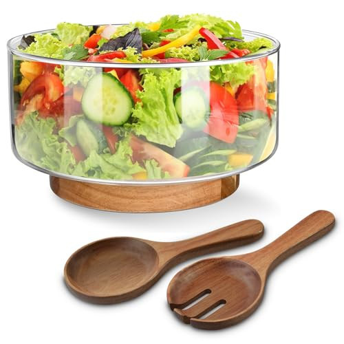 Twivil Premium Glass Salad Bowl Set with Acacia Wood Base - Extra Large Size, Complete with Serving Utensils - Stylish and Functional Addition to Your Kitchen Collection | Amazon (US)