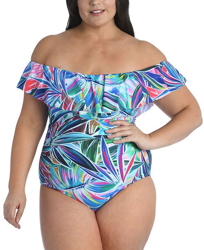 Plus Size Palm Off-The-Shoulder One-Piece Swimsuit | Macys (US)