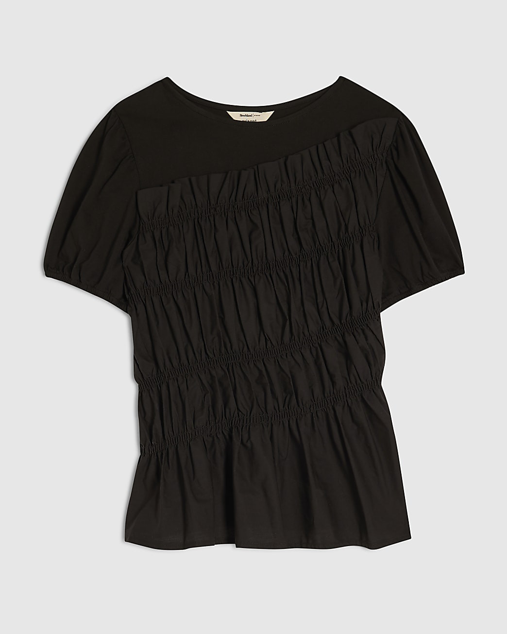 Black Cotton Short Sleeve Shirred Top | River Island UK & IE