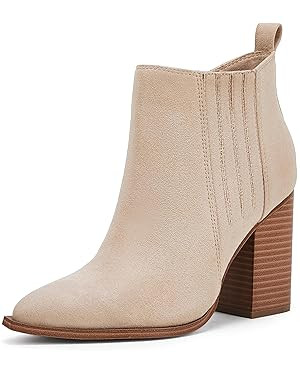 Womens Pointed Toe Slip on Ankle Booties Stacked Mid Block Heel Shoes Faux Leather Boots | Amazon (US)