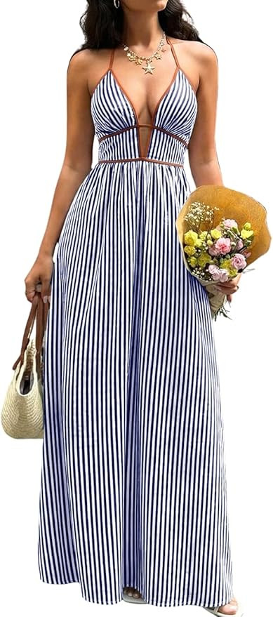 ShawGobow Striped Halter Vacation Dresses, Deep V Neck Flowy Maxi Dress, Womens Summer Beach Reso... | Amazon (US)