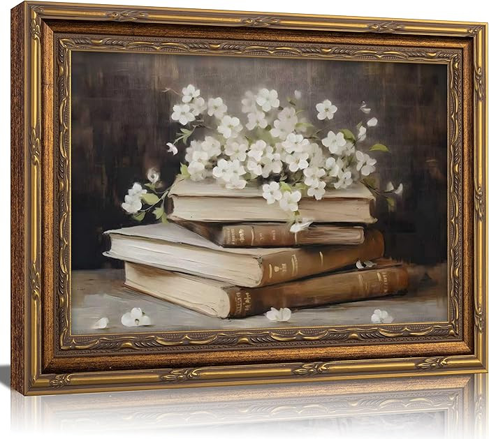 Vintage Gold Framed Wall Art Retro Moody Books and Flowers Oil Painting Canvas Print Dark Academi... | Amazon (US)