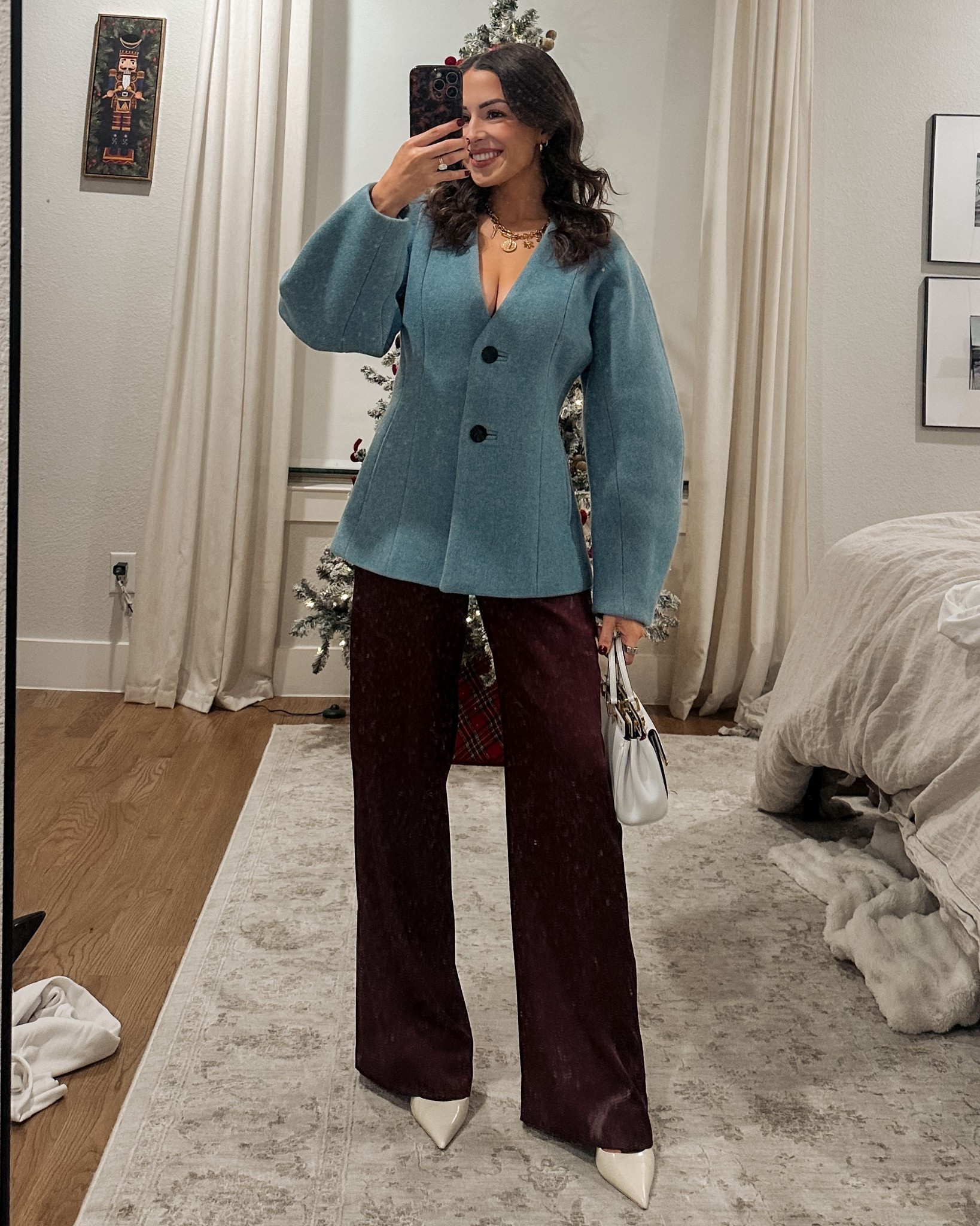 Outfit I wore last night to a Christmas party 🤍 

Blue wool blazer, burgundy satin pants, white heels, white handbag, holiday party outfit, blue + burgundy outfit, Christmas party outfit, office party outfit, work party outfit, GANNI jacket, Abercrombie silk pants 

#LTKHoliday #LTKSeasonal #LTKWorkwear