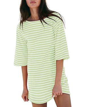 Yousify Women’s T Shirt Dress Cotton Summer Dresses 2026 Casual Loose Short Sleeve Striped Mini... | Amazon (US)
