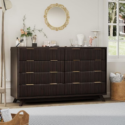 54" Modern Wood Wide Fluted Dresser with 8 Drawers and Curved Design, Closet Clothes Storage Organizer Cabinet, TV Stand for Home Office Black Walnut | Target