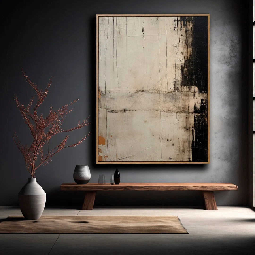 Beige Minimalist Painting | Abstract Black Art | Modern Wall Decor | Modern Wabi Sabi Art | Beige... | Etsy (US)