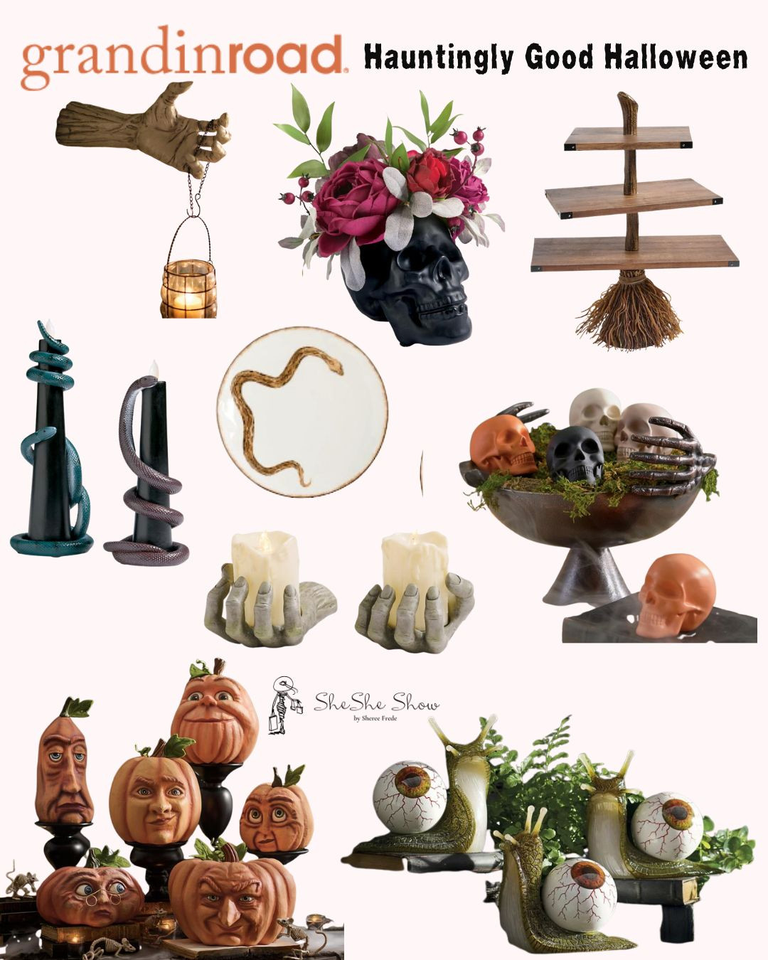  Grandiroad Halloween decorations 
Skeleton hands serving bowl, 
Emerging hand with candle
 Snake plate, bats mantle scarf, creepy hands with lanterns, eyeballs, expressive, pumpkins, 

#LTKHome #LTKFindsUnder100 #LTKSeasonal