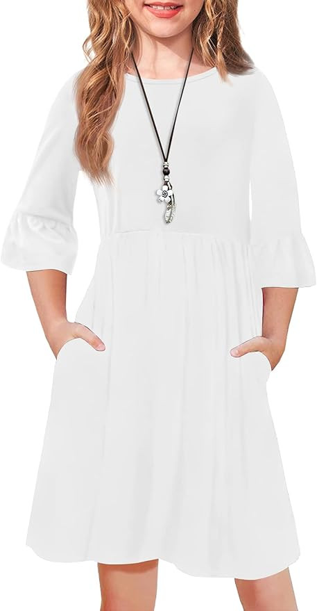 Arshiner Girls 3/4 Bell Sleeve Dress Crew Neck Soild Color A Line Tunic Dresses with Pockets for ... | Amazon (US)