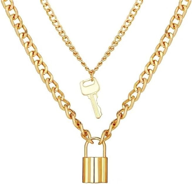 Chunky Lock Key Chain Pendant Necklace Gold Silver Plated Punk Personalized Layered Tiered Paperc... | Amazon (US)