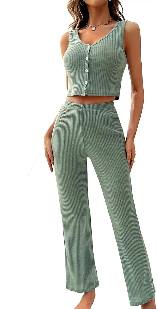 Verdusa Women's 2 Piece Button Front V Neck Tank Top and Pants Sleepwear Lounge Sets | Amazon (US)