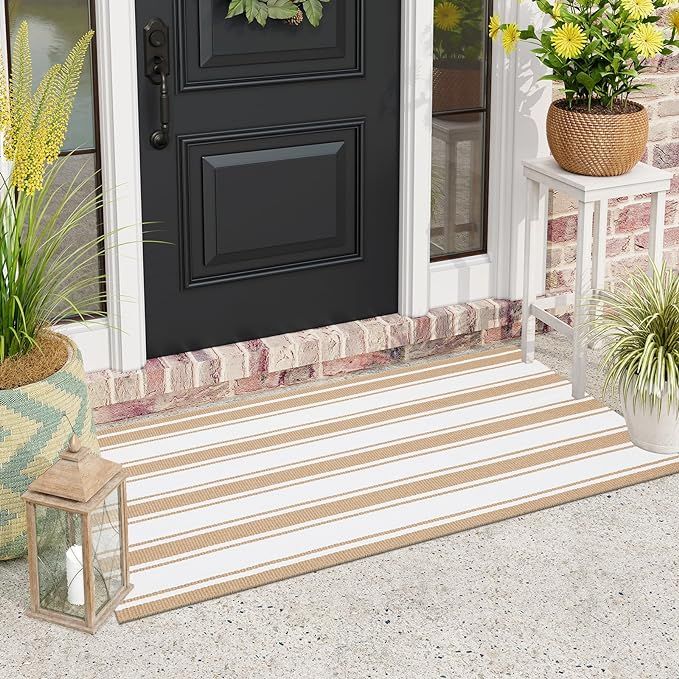 Collive Tan Outdoor Rug, 2x4.3 Striped Front Door Rug Cotton Hand-Woven Reversible Welcome Mats O... | Amazon (US)