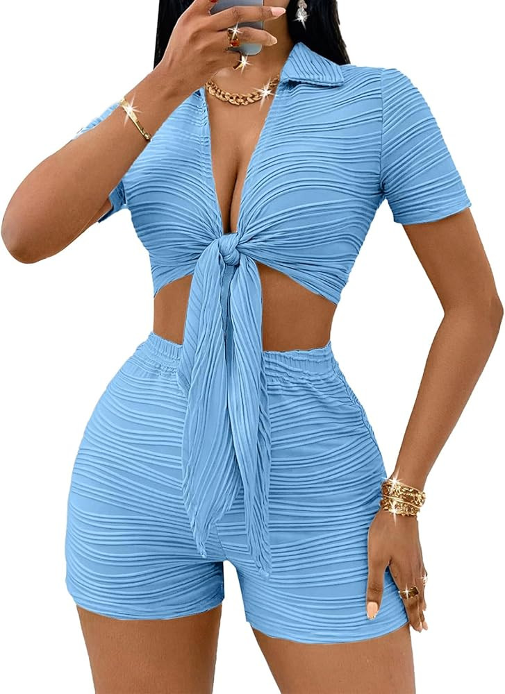 MSLG Women's Sexy 2 Piece Set Solid Summer Bodycon Suit Casual Tie Front Short Sleeve V Neck Crop... | Amazon (US)