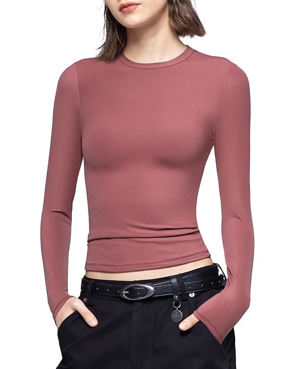 PUMIEY Women's Long Sleeve T Shirts Crew Neck Slim Fit Tops Sexy Basic Tee Smoke Cloud Pro Collec... | Amazon (US)