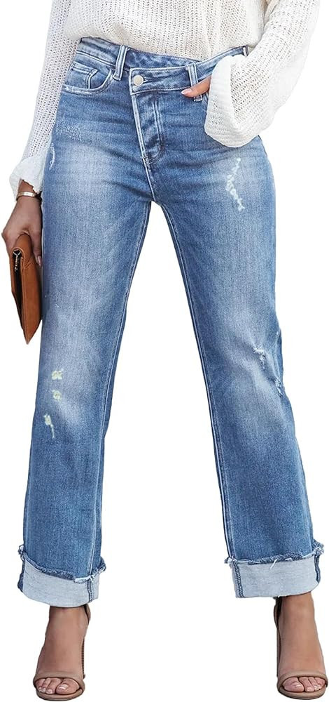 Womens Cargo Denim Jeans High Waisted Stretchy Flap Pocket Straight Leg Pants | Amazon (US)