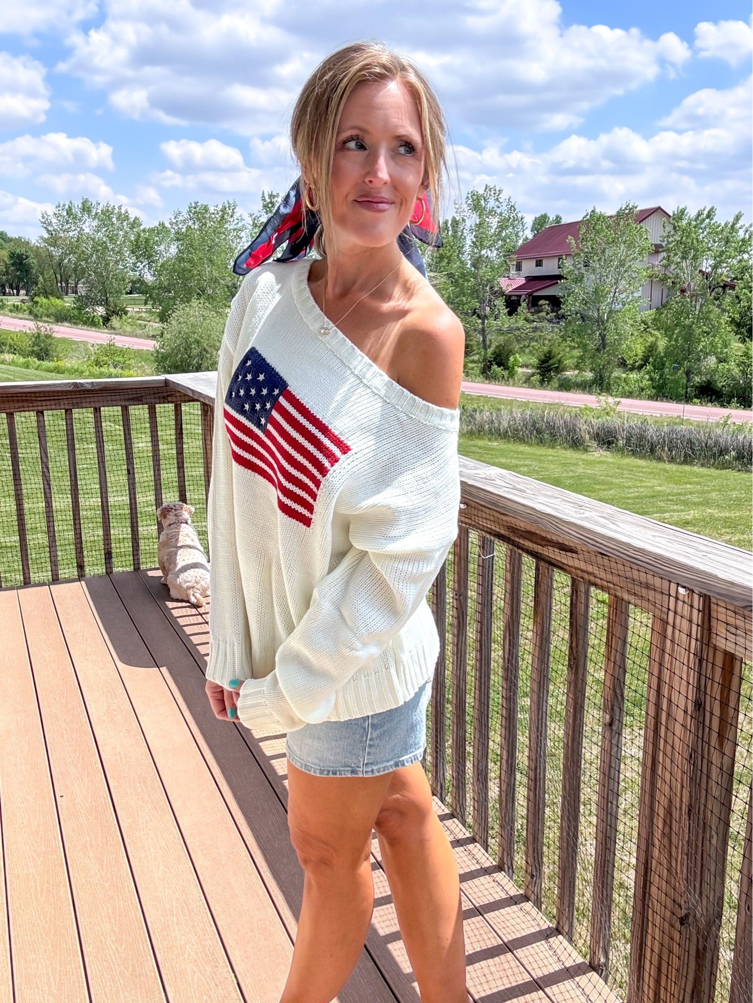 Happy Memorial Day! ❤️🤍💙 This comfy sweater will be a perfect addition to wear year round! 

As an Amazon Influencer I earn commission on qualifying purchases.

Red, white and blue outfit inspo, MDW, Memorial Day look, mom style  summer style, 4th of July outfit inspo, denim shorts, hair scarf, summer holiday outfit inspo